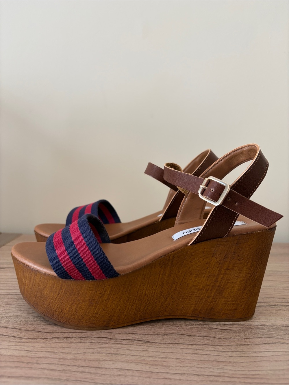 Steve Madden Brown Wedge Sandals with Blue and Red Striped Strap - Baja Cognac